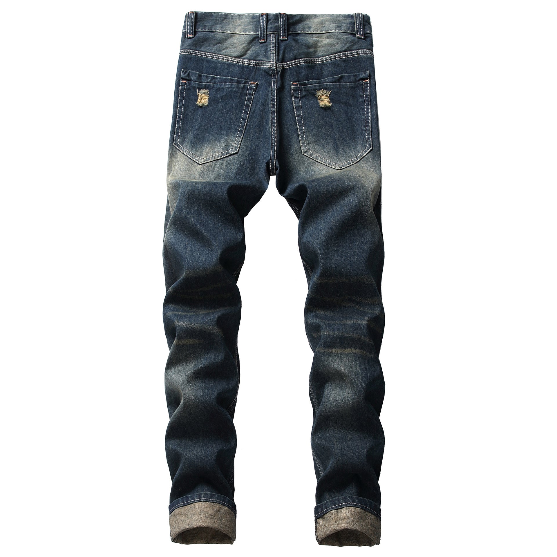 Hole-cut slim straight jeans