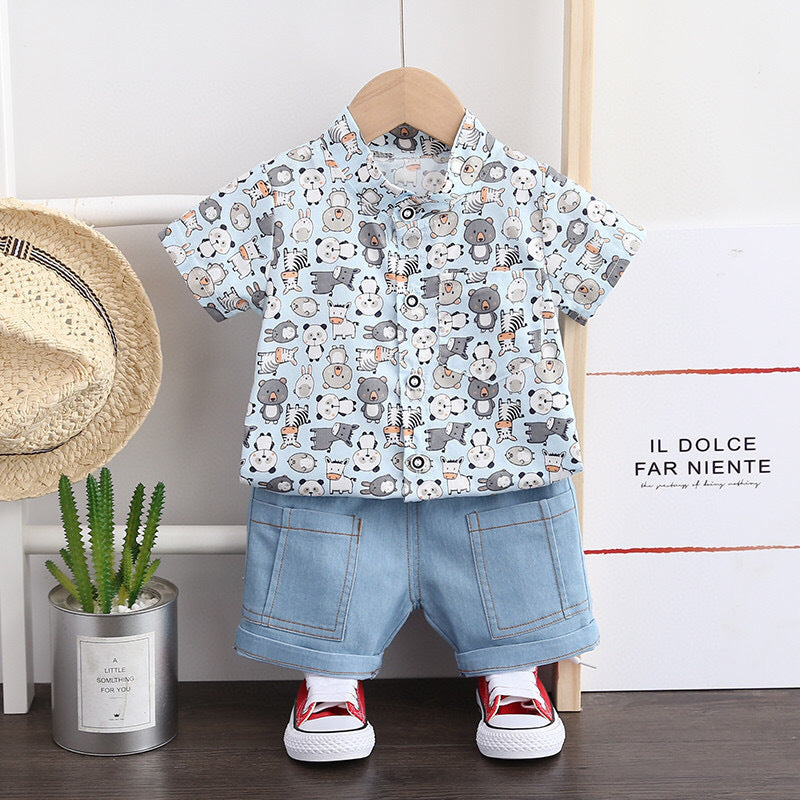 Boys Short-sleeved Suit Summer Shirt Jeans Two-piece Suit