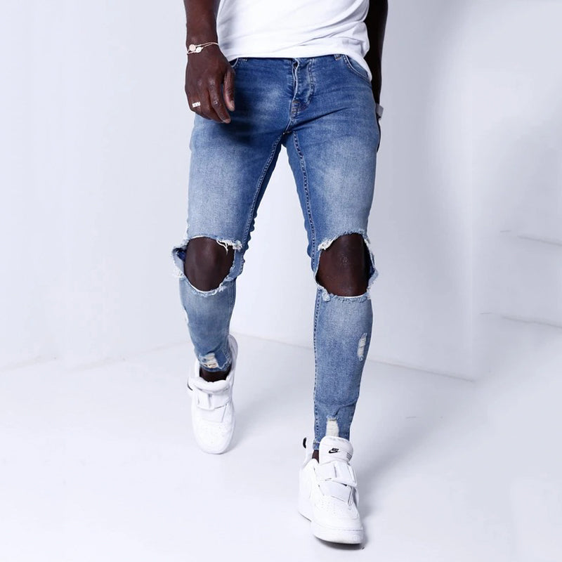 Blue ripped denim slim trousers