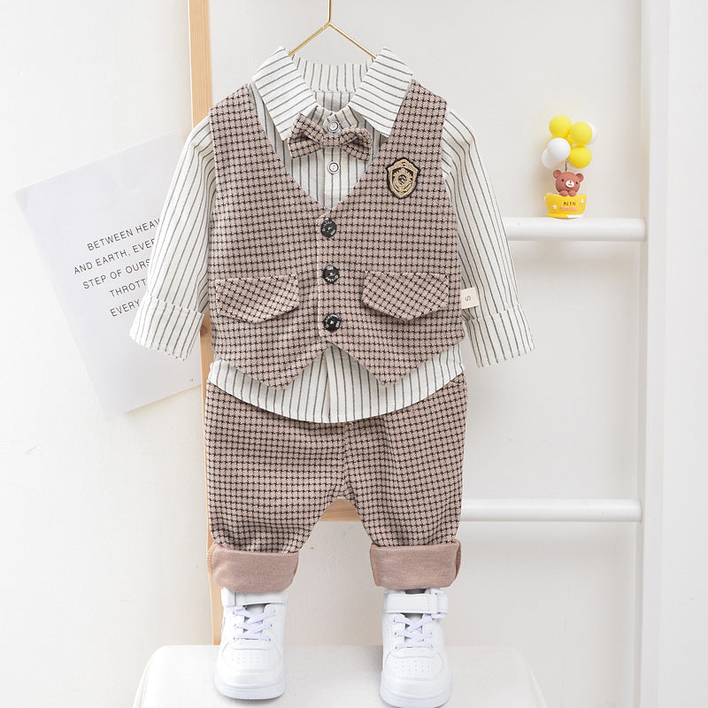 Autumn Children's Long-sleeved Houndstooth Striped Shirt Vest Three-piece Set