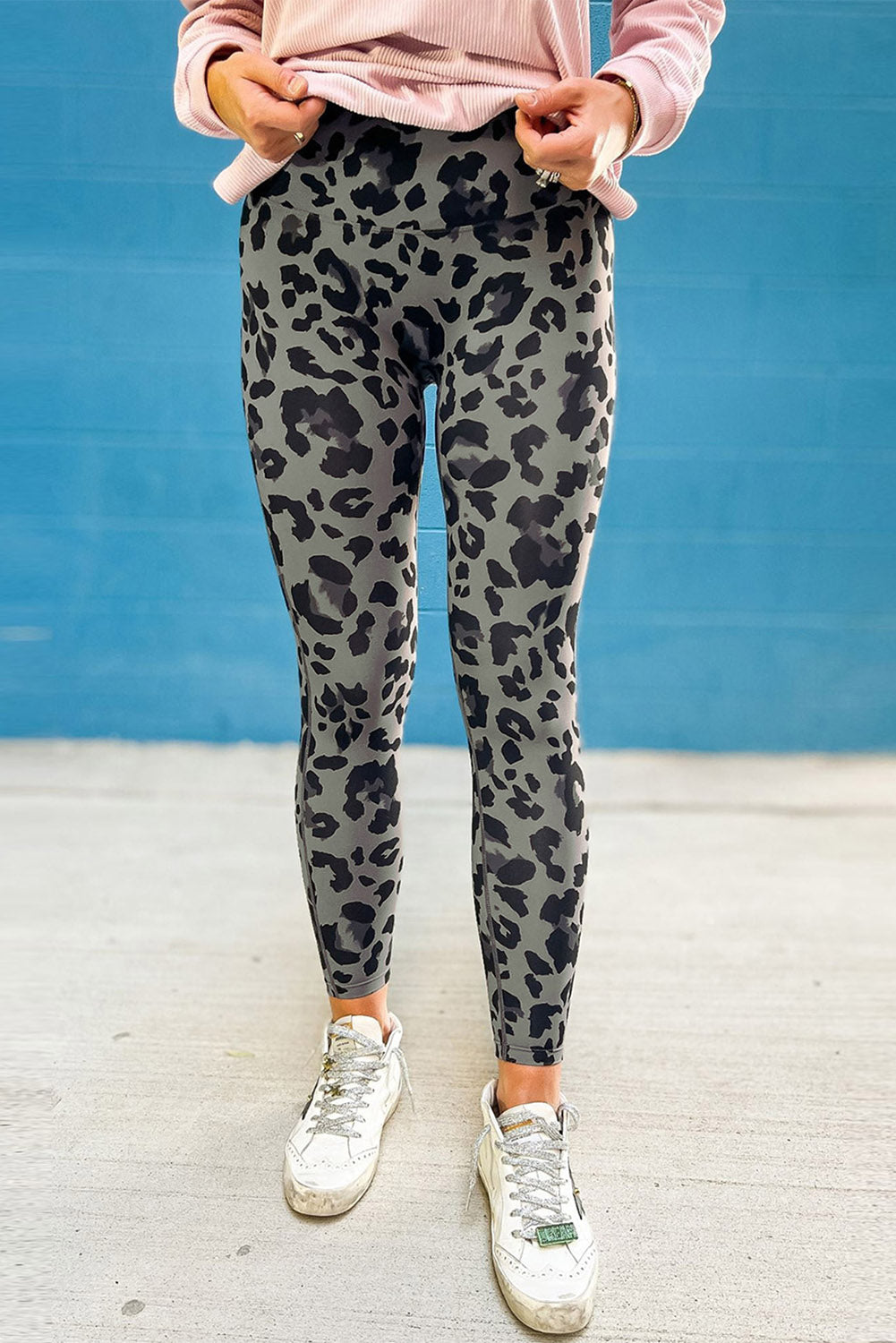 Grey Leopard Print Casual High Waist Leggings - Babbazon Leggings