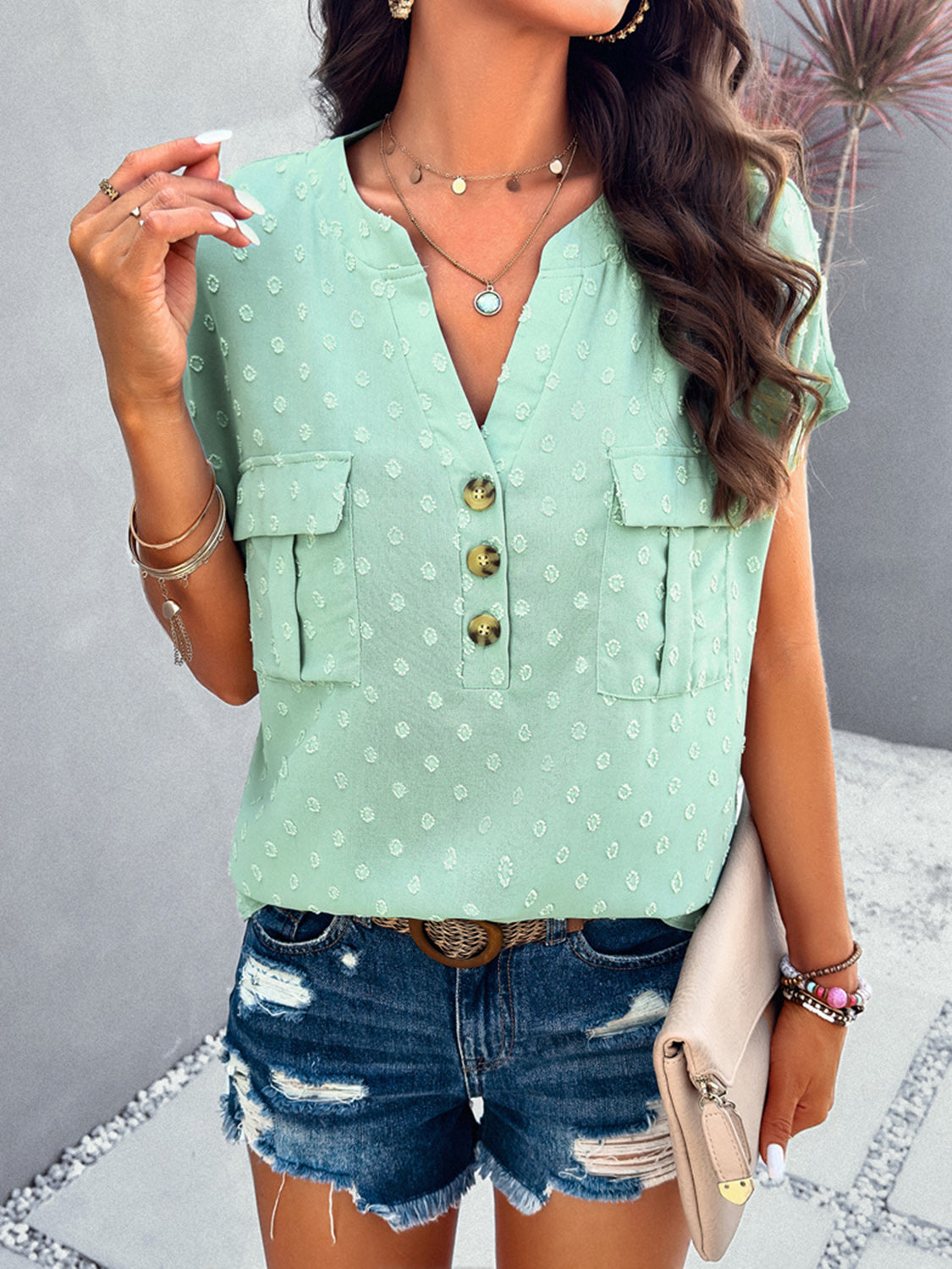 Swiss Dot Short Sleeve Blouse 