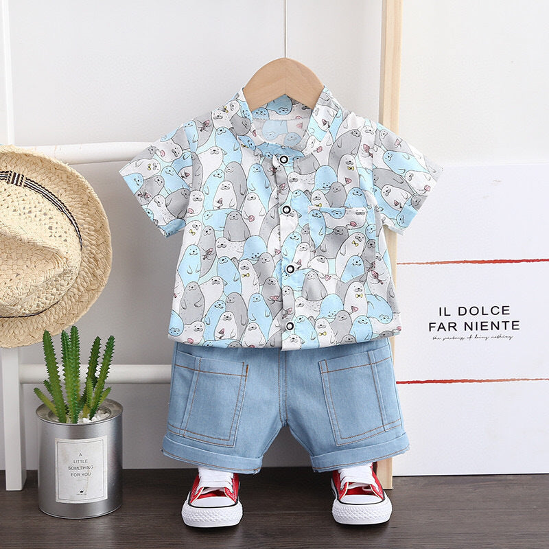 Boys Short-sleeved Suit Summer Shirt Jeans Two-piece Suit