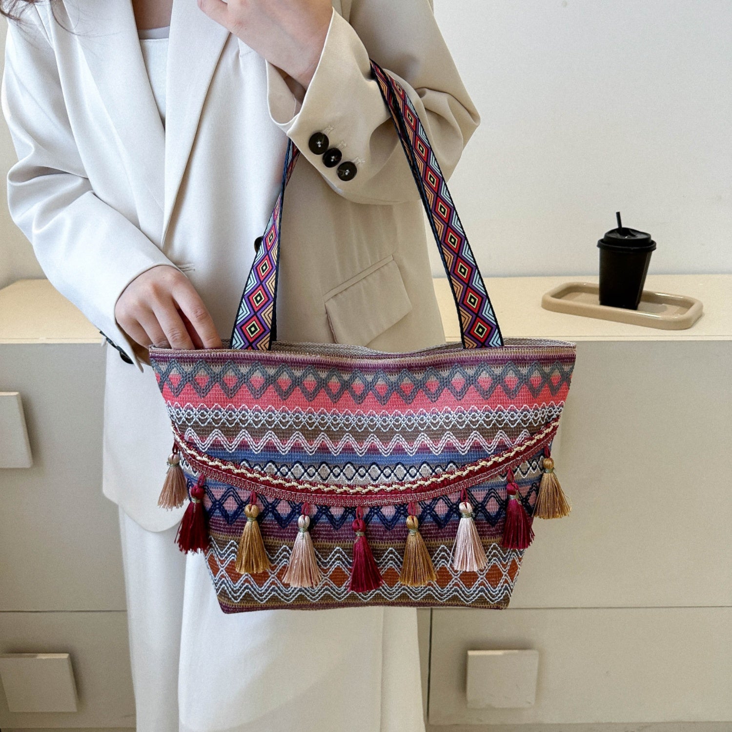 Printed Tassel Detail Tote Bag 