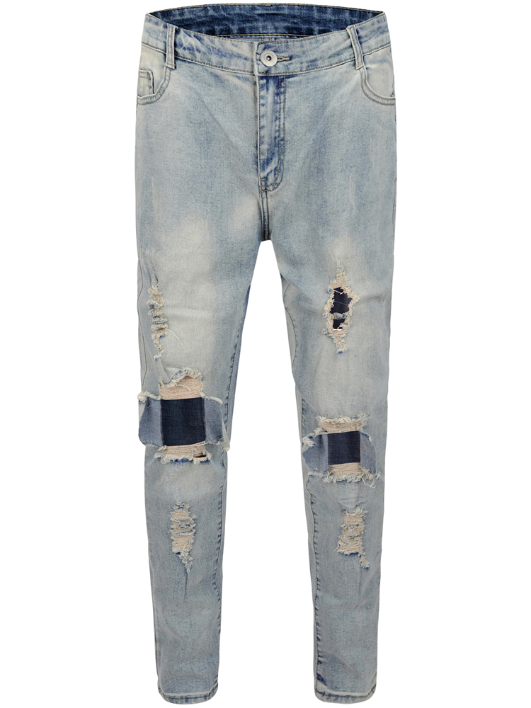 Knee damage ripped blue washed distressed men's jeans