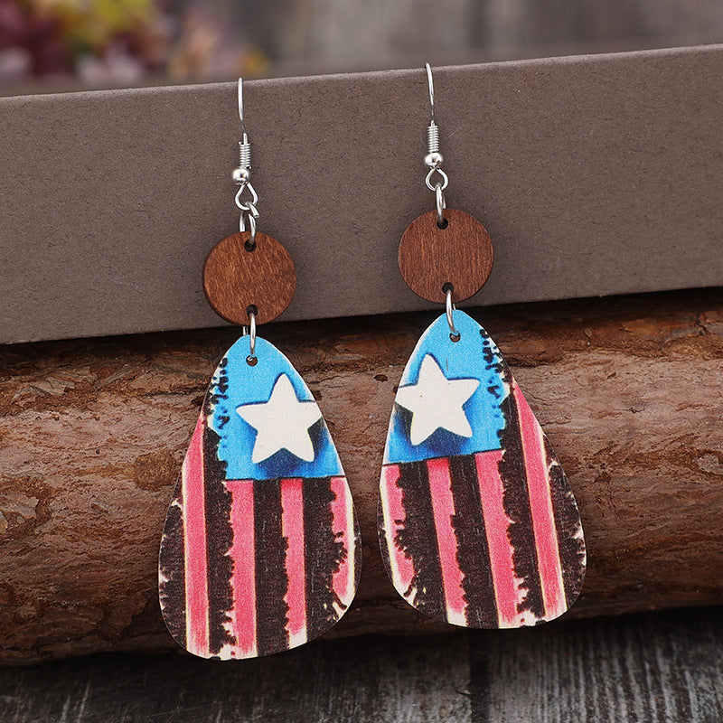 Star & Stripes Wooden Dangle Earrings 