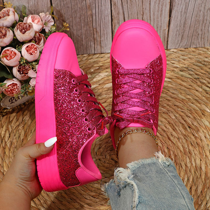 Glitter Sequin Design Flats Shoes Women Trendy Casual Thick-soled Lace-up Sneakers Fashion Skateboard Shoes 