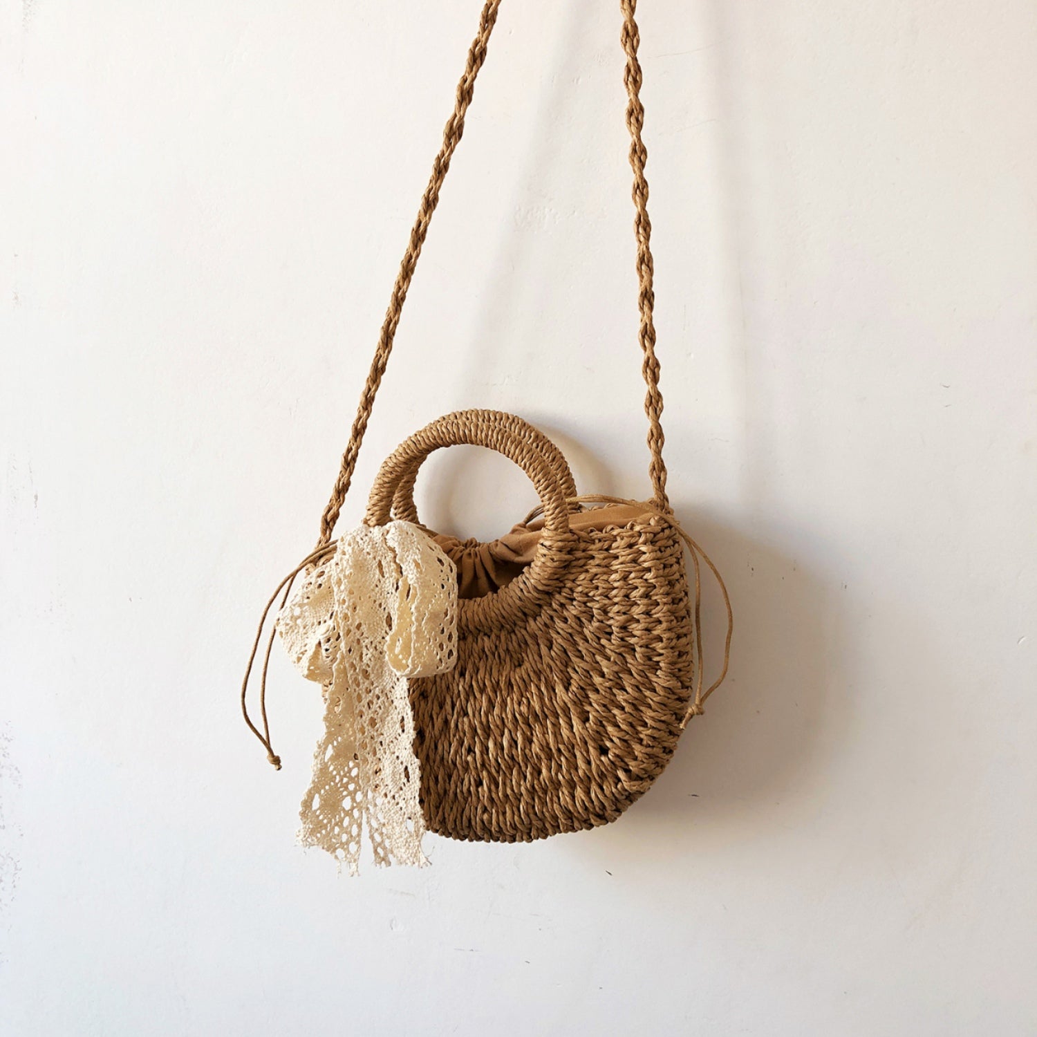 Drawstring Straw Braided Crossbody Bag 