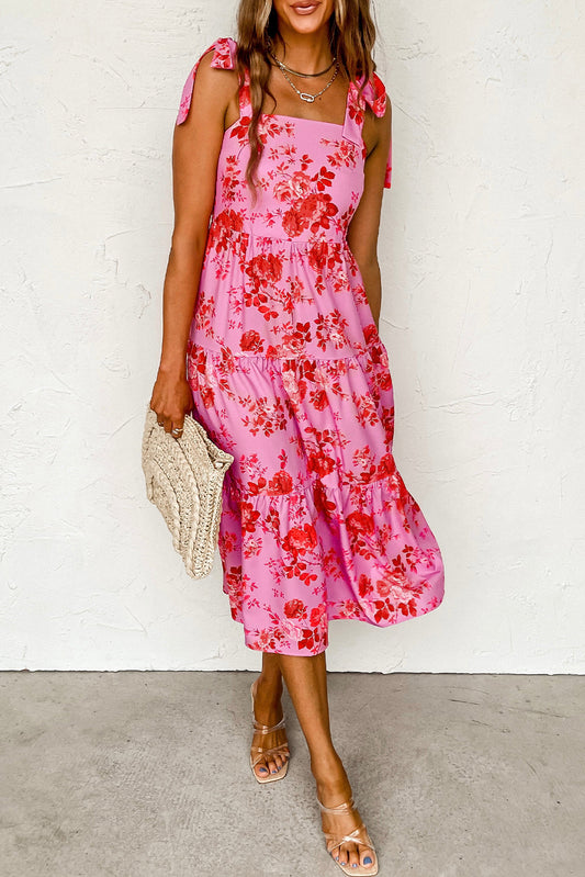 Pink Tie Shoulder Straps Tiered Floral Dress - Babbazon Midi Dresses