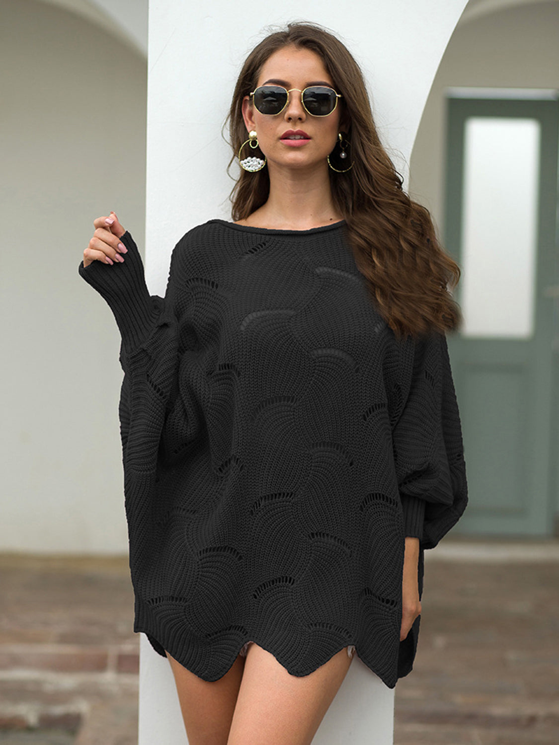 Full Size Boat Neck Lantern Sleeve Openwork Knit Top - Babbazon Tops