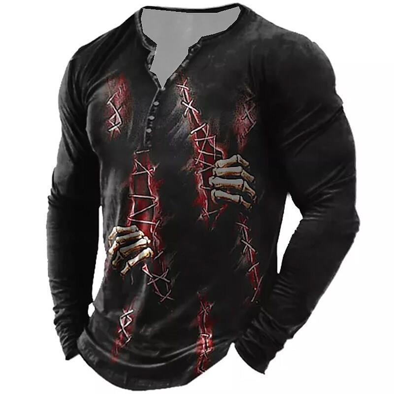 European And American Vintage Print Seven Button Open Placket Skull Long Sleeve T-shirt