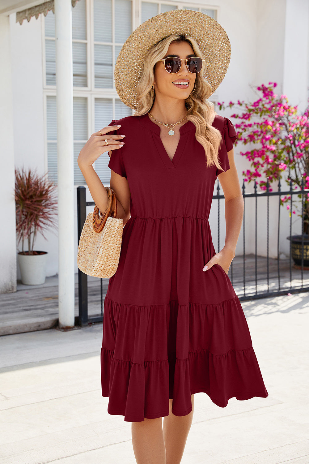 Ruched Notched Cap Sleeve Dress - Babbazon cocktail dress