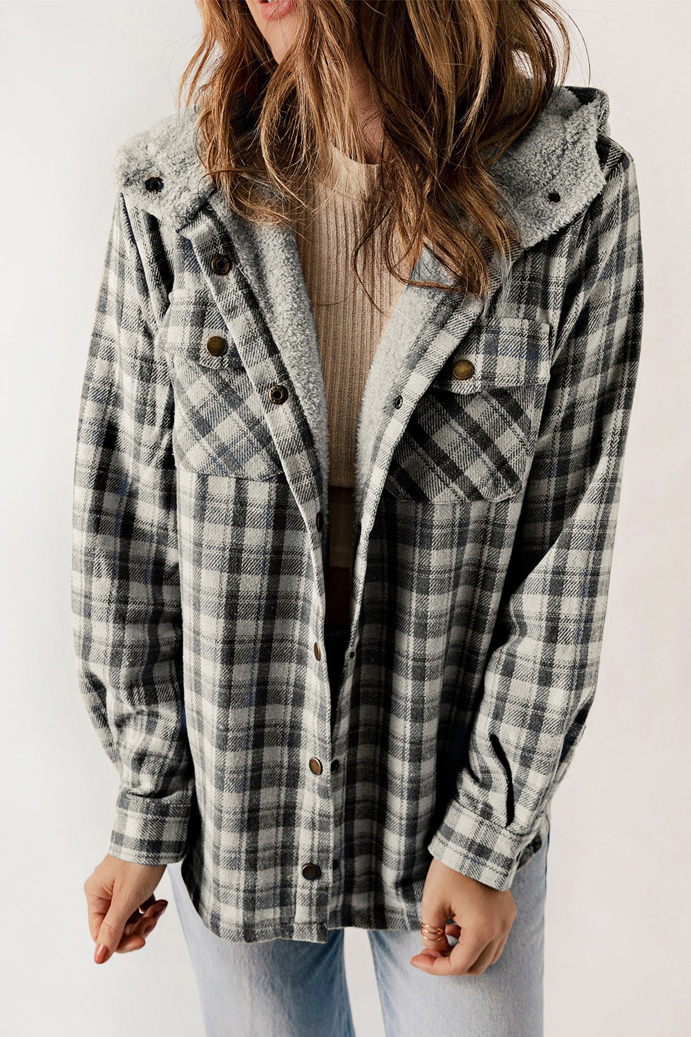 Plaid Snap Down Hooded Jacket - Babbazon Jacket