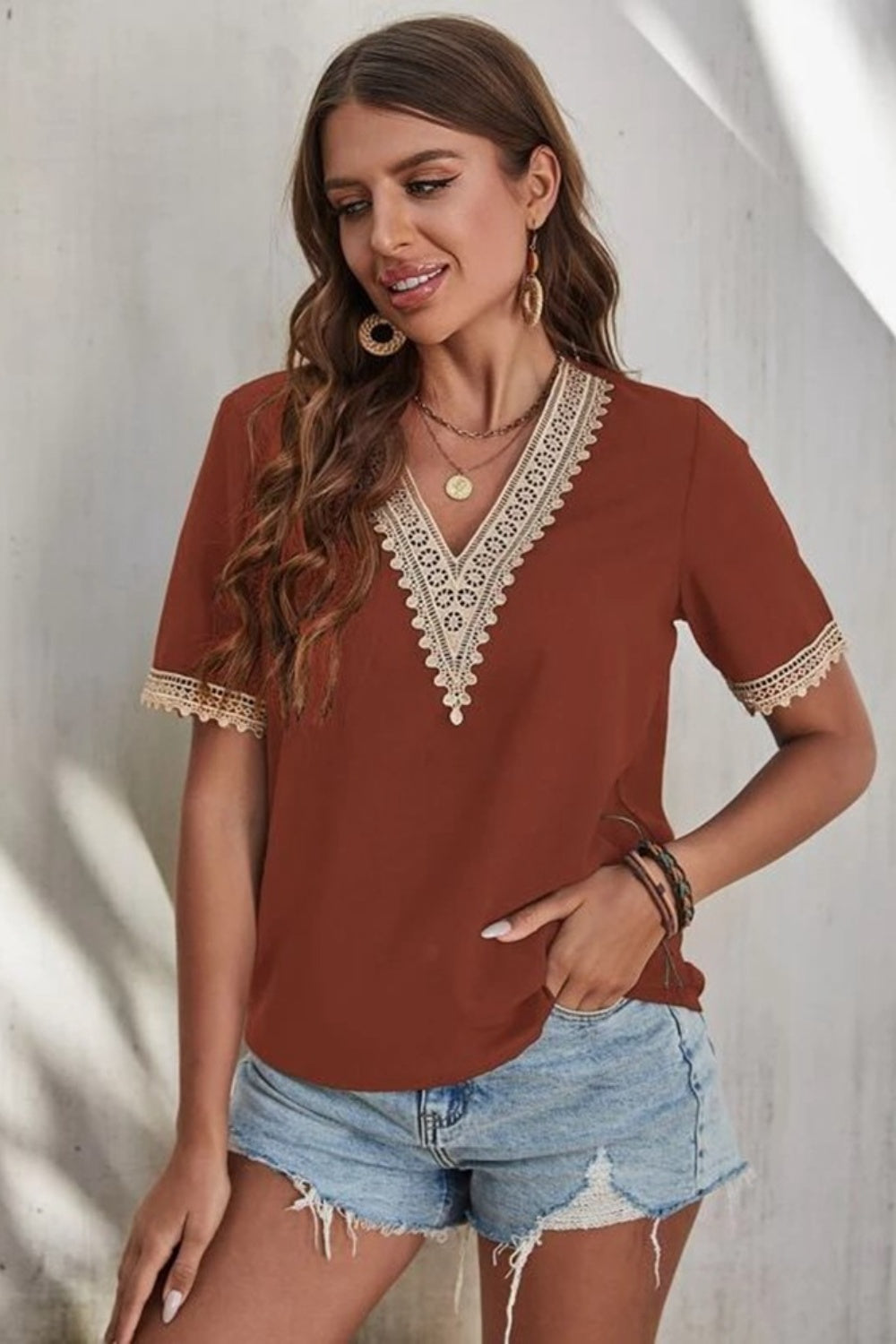 Full Size Lace Detail V-Neck Short Sleeve Blouse 