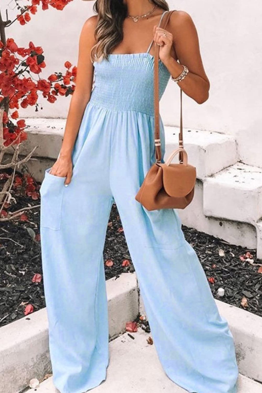 Smocked Spaghetti Strap Wide Leg Jumpsuit - Babbazon new