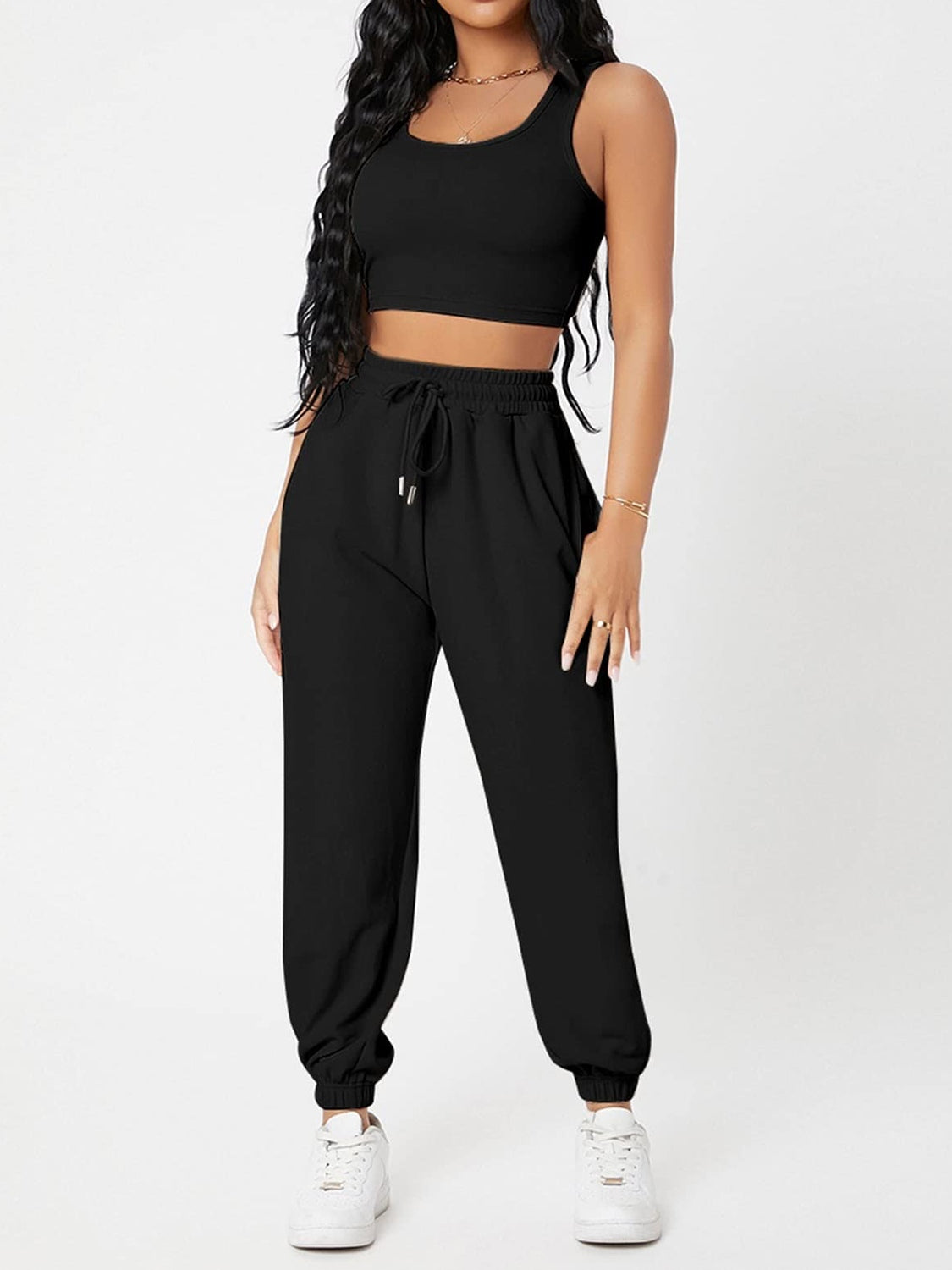 Wide Strap Top and Drawstring Joggers Set - Babbazon new