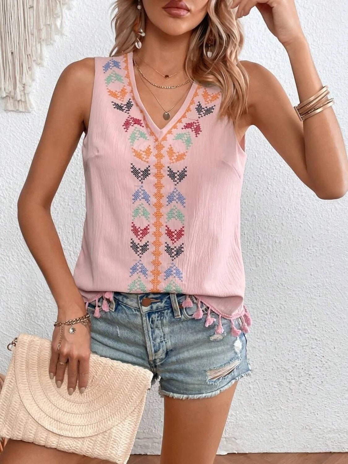 Tassel Printed V-Neck Tank - Babbazon New Products