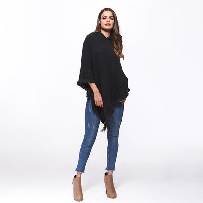 Openwork Fringe Hem Hooded Poncho 