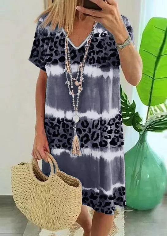 Wholesale Grey Tie Dye Leopard Color Block V Neck T Shirt Dress - Babbazon Short Dresses