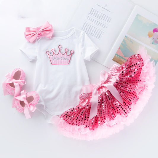 Pink sequined tutu skirt short sleeve high quality cotton romper