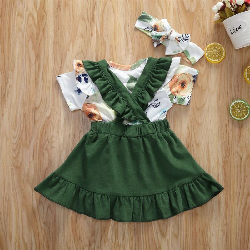 Three-piece Set Of Short-sleeved Flower Blouse, Suspender Skirt And Headband