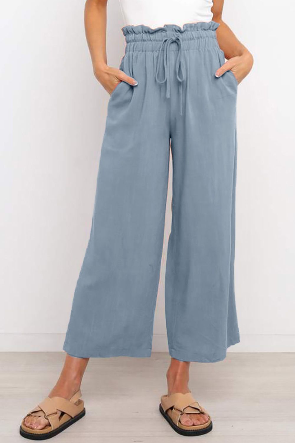 Drawstring Paperbag Waist Wide Leg Pants - Babbazon new