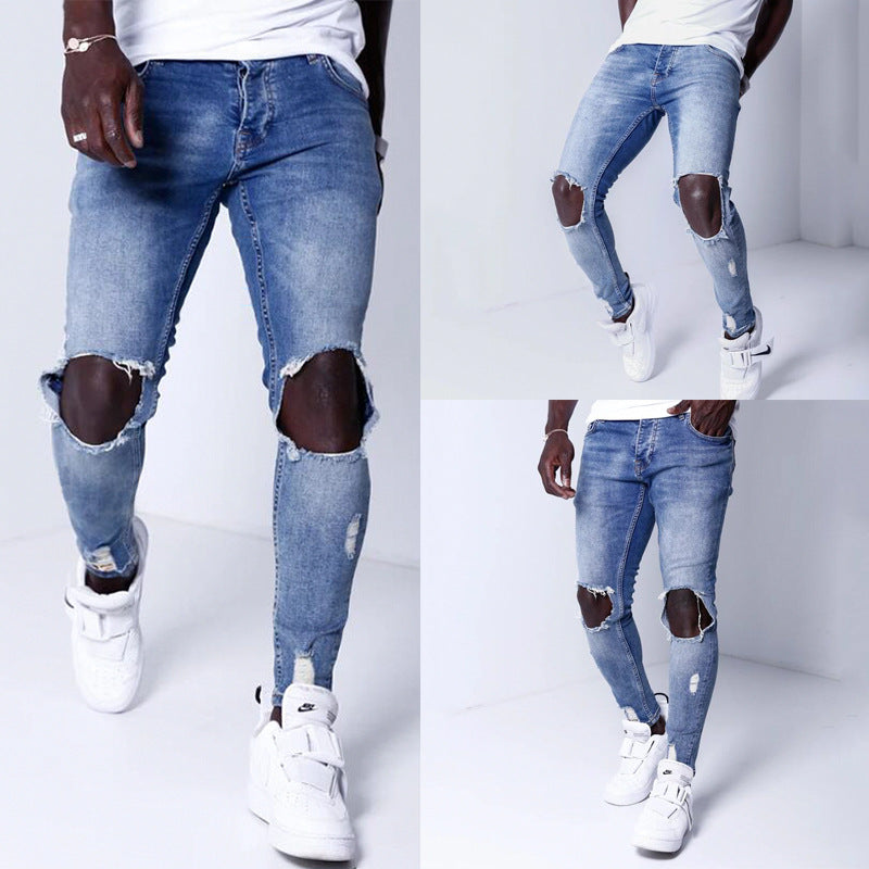 Blue ripped denim slim trousers