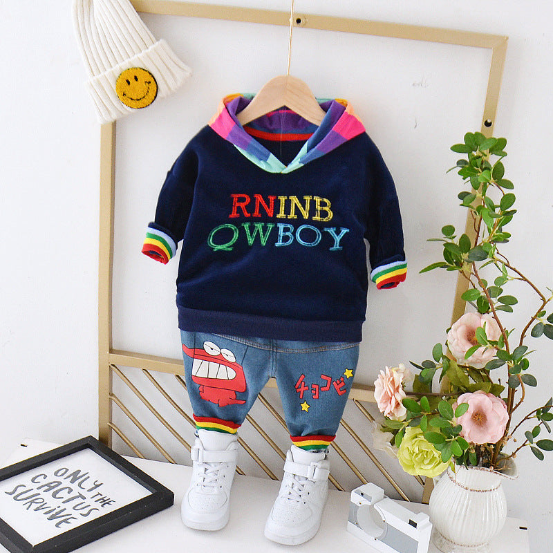 Boys and girls sweater plus velvet thick two-piece suit