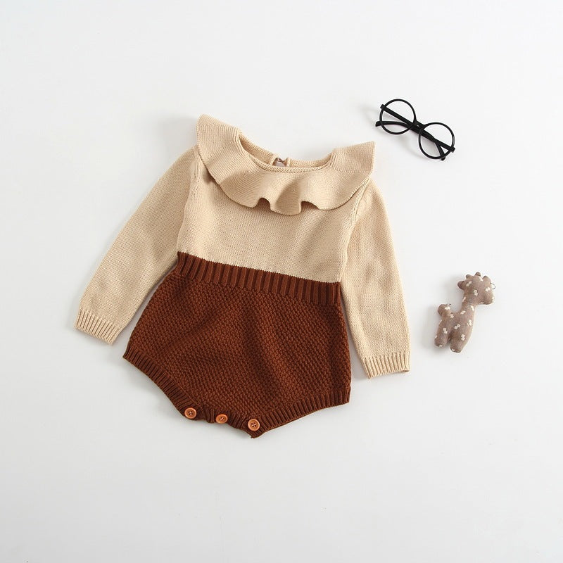 Thalia  Ruffled Romper Spring and Autumn Girl Baby Baby Doll Collar Knitted Knitted Bodysuit