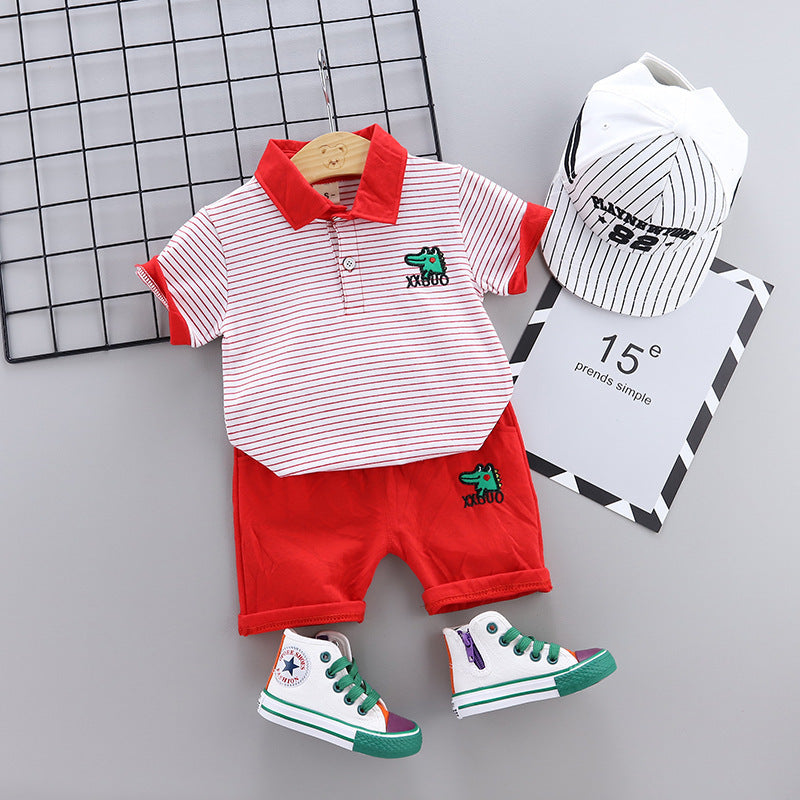 Two-piece cartoon short-sleeved striped polo shirt