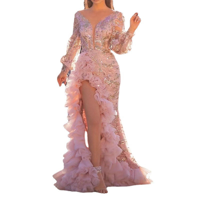 European And American Hip Trailing Sequin Pink Long Mesh Evening Dress