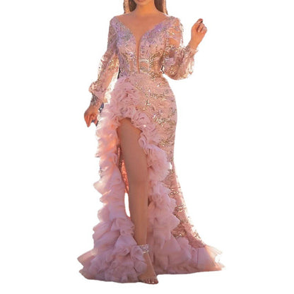 European And American Hip Trailing Sequin Pink Long Mesh Evening Dress