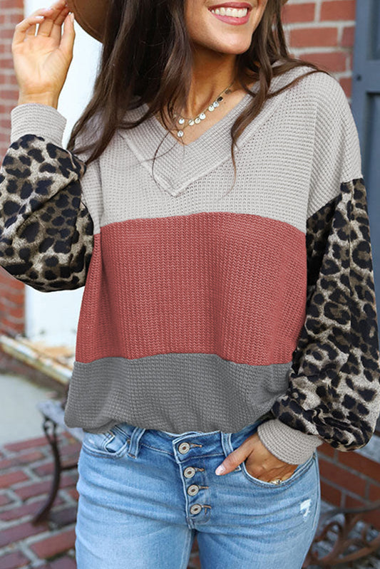 Leopard Print Color Block V Neck Waffle Knit Long Sleeve Top - Babbazon Long Sleeve Tops