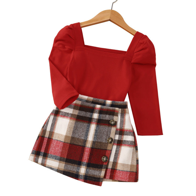 Long Sleeve Plaid Print Children's Skirt Set