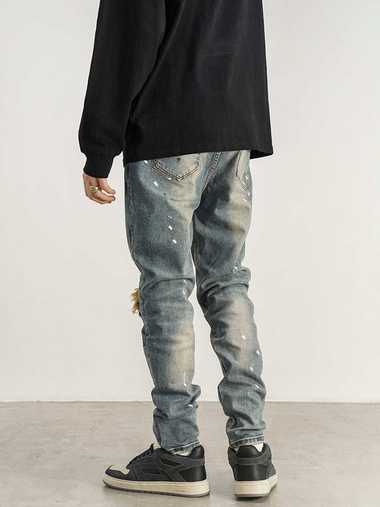 Slim-fit Slim-fit Jeans With Splashed Ink And Ripped Patches