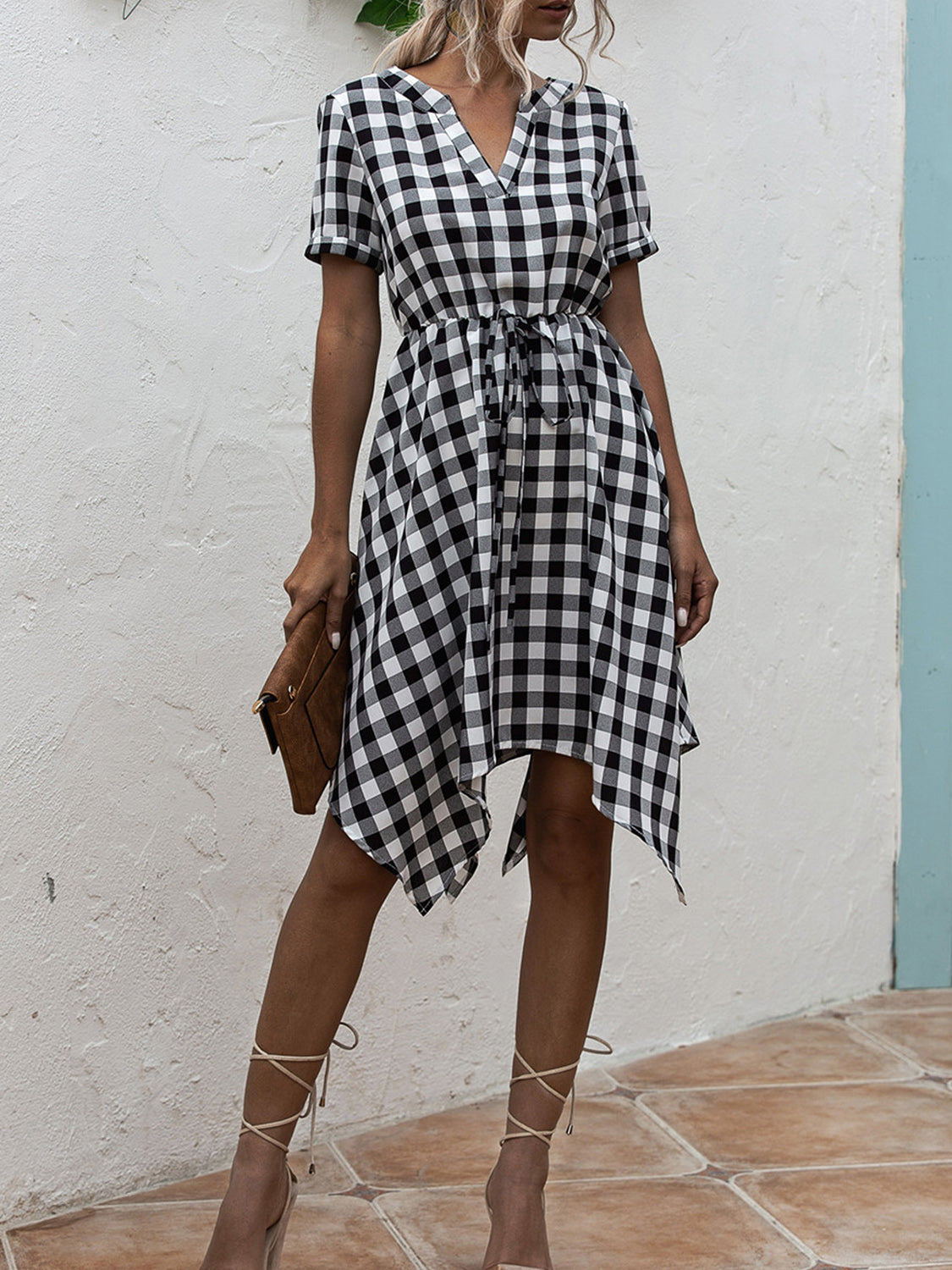 Plaid Notched Short Sleeve Dress 