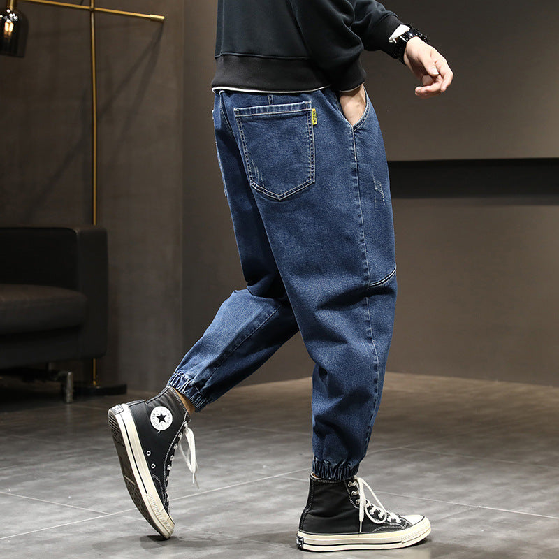 Lace-up Elastic Waist Jeans Men's Loose Harem Pants