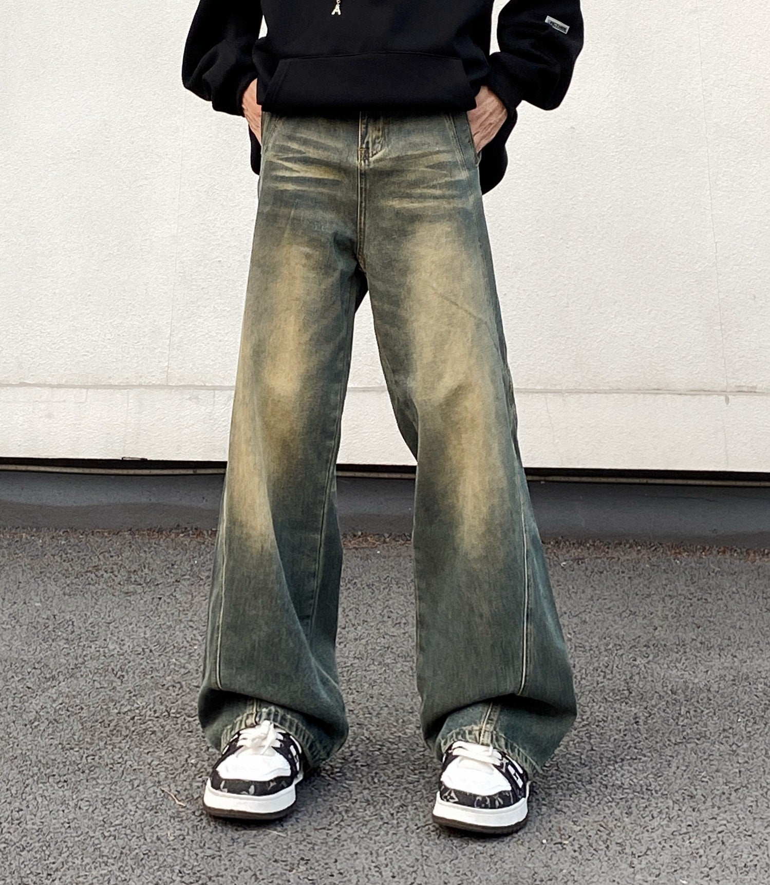 High Street American Retro Washed Distressed Yellow Mud Jeans Men