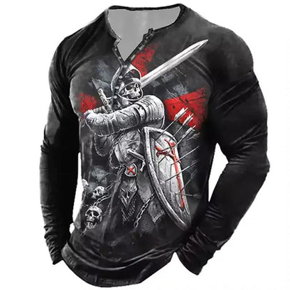 European And American Vintage Print Seven Button Open Placket Skull Long Sleeve T-shirt