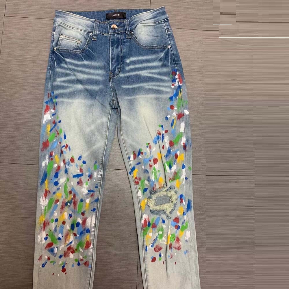 Men's Trendy Blue Ripped Ink Paint Dot Micro-stretch Jeans