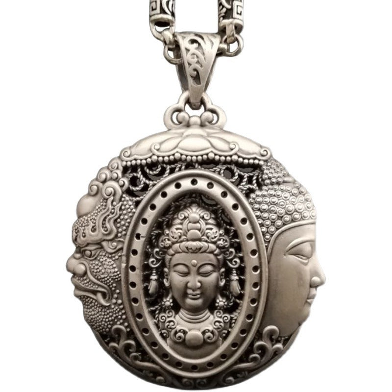 Pure Silver S999 Men's Buddha Magic A Flash Of Thought Hollow Pendant