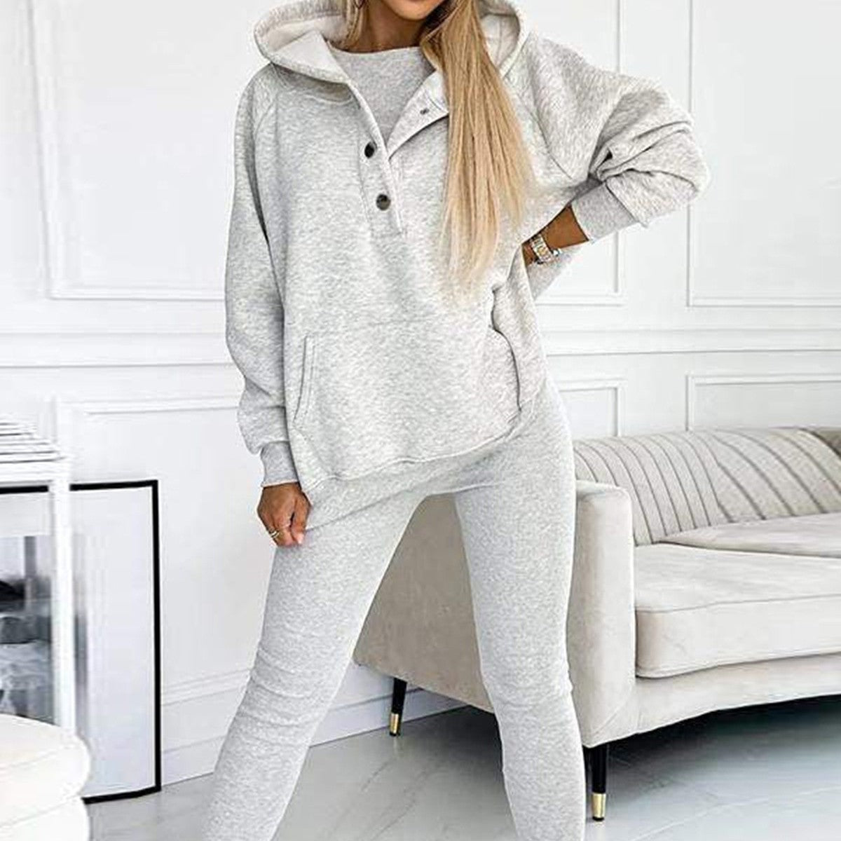 3pcs Women's Sports Suit Loose Hooded Pockets Sweatshirt And Vest And Slim Trousers 