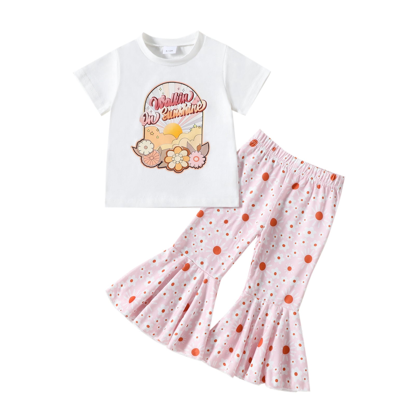 New Children's Flower Print Short Sleeve Bell-bottom Pants Summer Suit