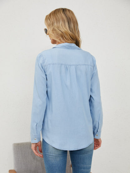 Pocketed Button Up Long Sleeve Denim Shirt 