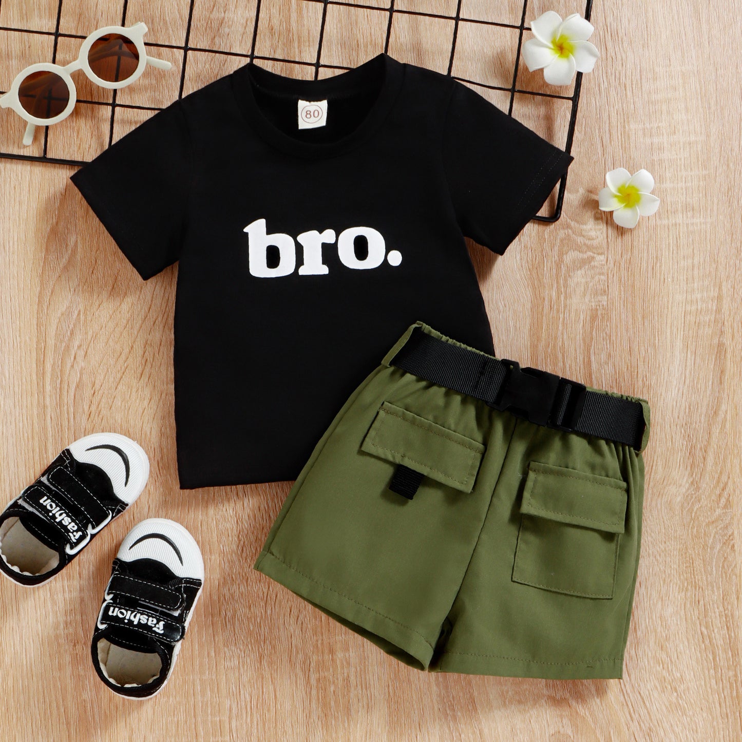 Round Neck Letter Short Sleeve Top Cargo Boys Suit