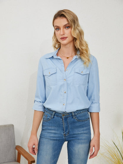 Pocketed Button Up Long Sleeve Denim Shirt 