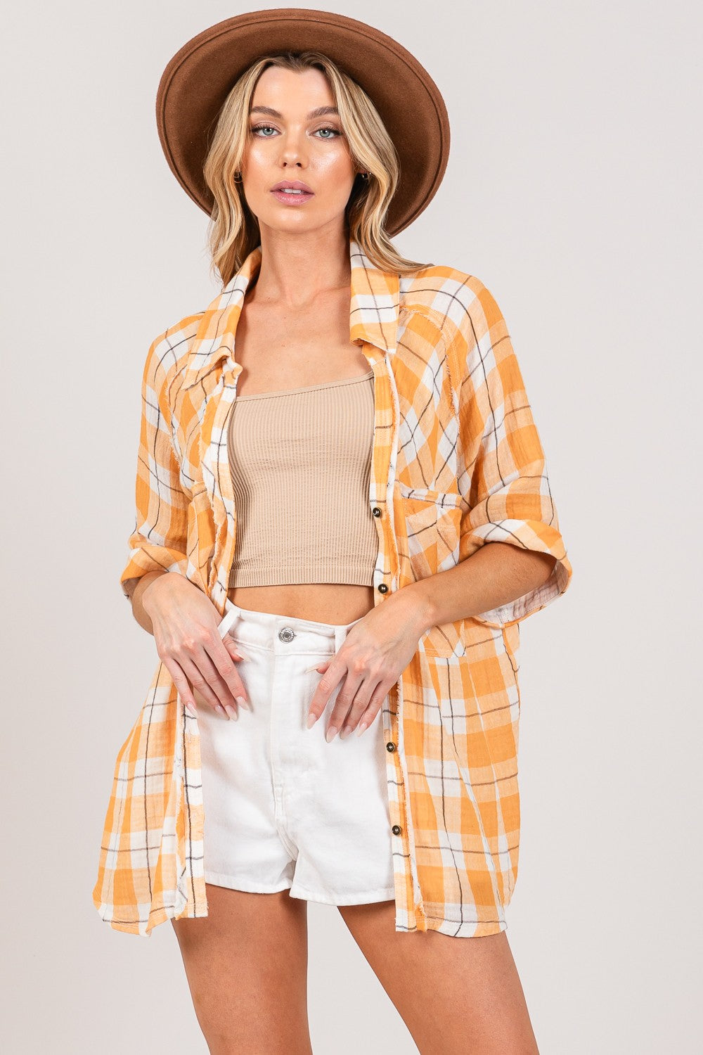 SAGE + FIG Plaid Button Up Side Slit Shirt 