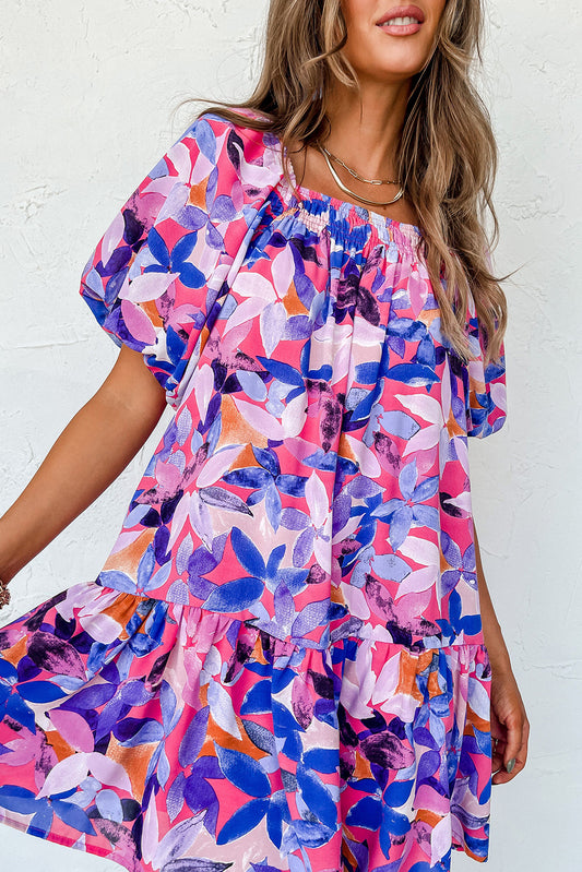 Purple Flower Print Short Puff Sleeve Ruffle Mini Dress - Babbazon Short Dresses