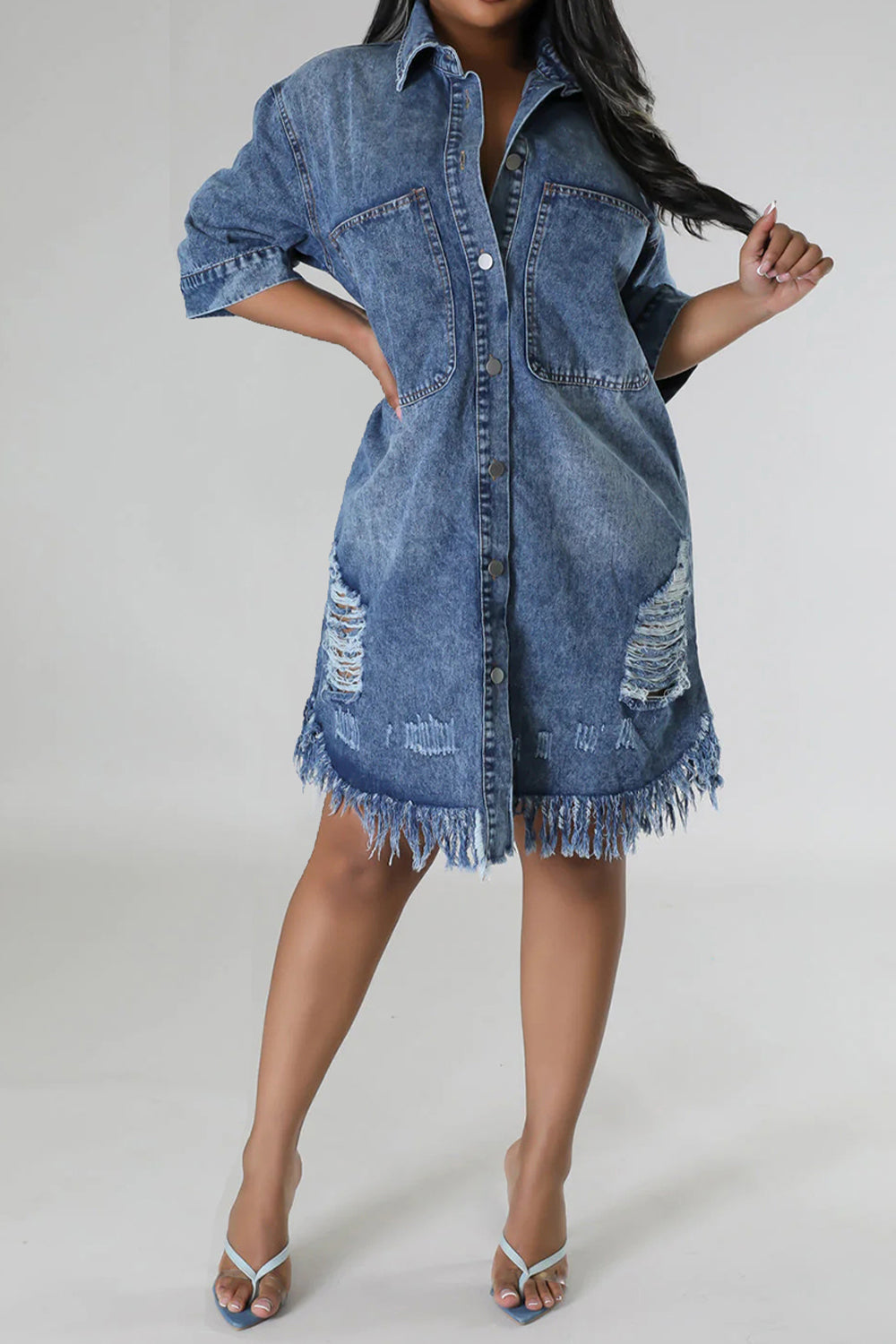 Distressed Raw Hem Button Up Denim Dress 