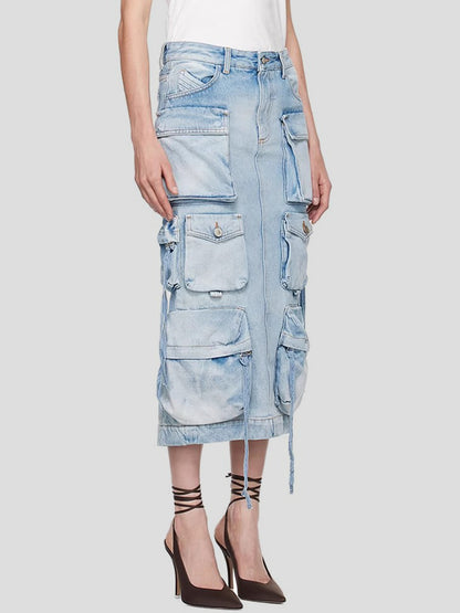 Slit Midi Denim Skirt with Pockets 